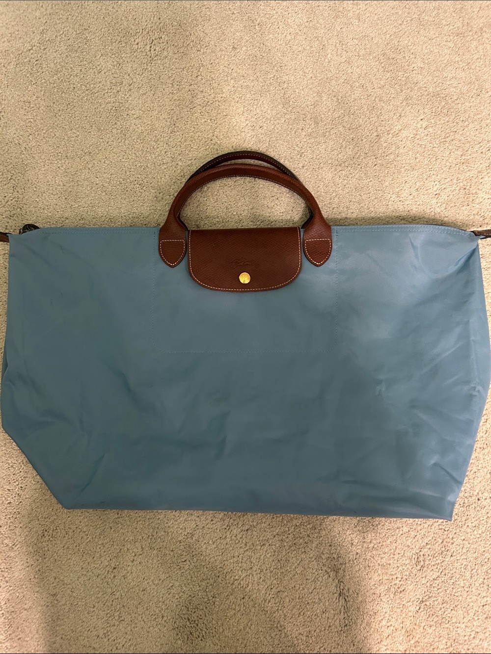 Longchamp Light Blue Nylon Travel Tote with Brown Leather Trim